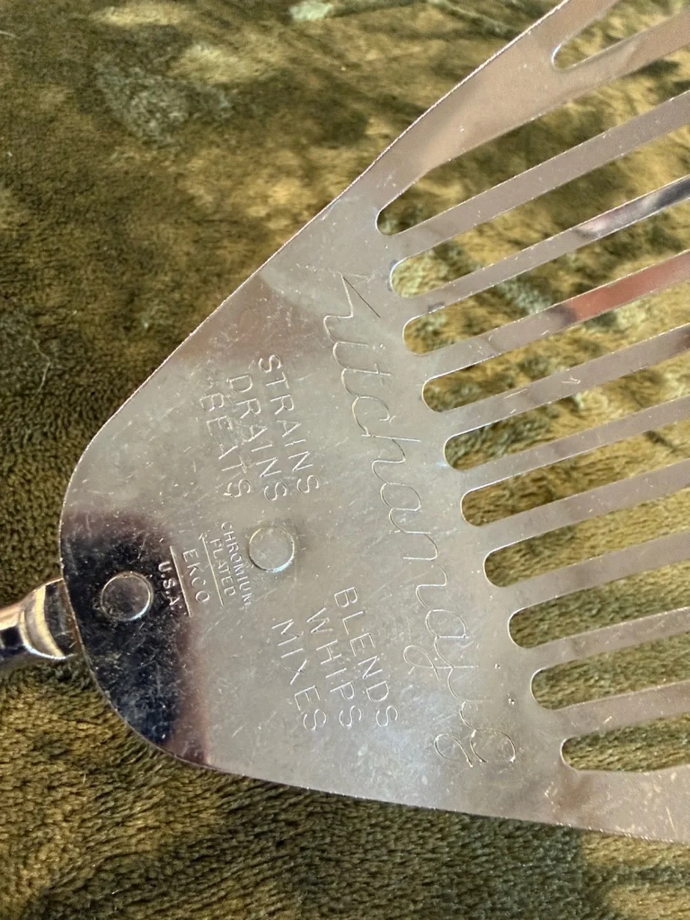 Vintage EKCO Kitchamajig Slotted Spatula Strainer Spoon 12” wooden Handle USA